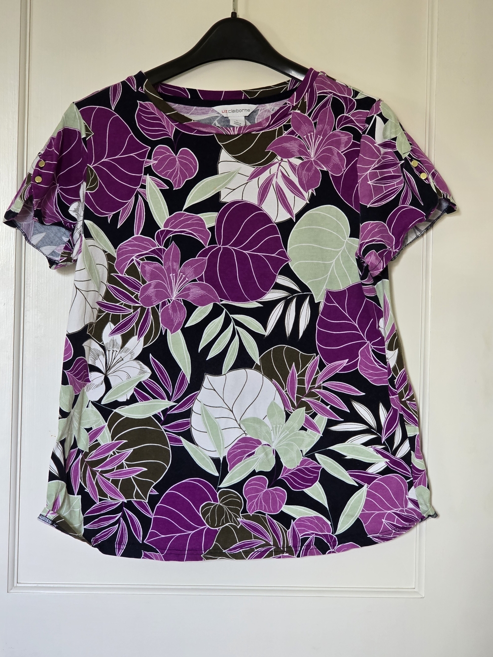 Liz Claiborne Purple Floral Short Sleeve Top LARGE